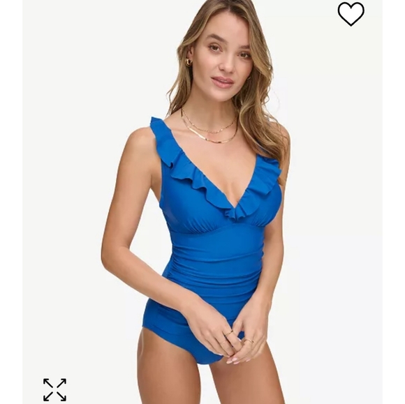 DKNY Lapis Pacific Blue Ruffle Plunge One-piece Swimsuit - Picture 3 of 4